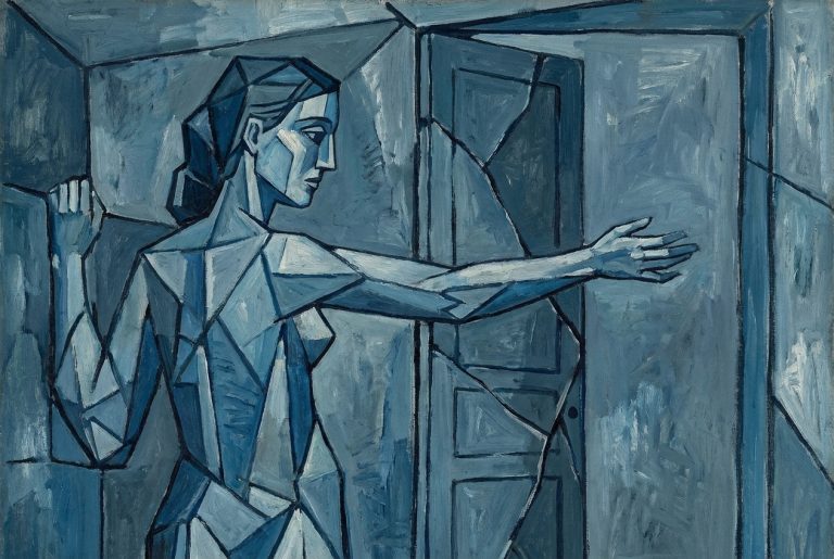 Cubist illustration in Picasso Blue Period style of a woman at a doorway, fragmented into geometric planes, reaching toward something unseen in monochromatic blues and greys
