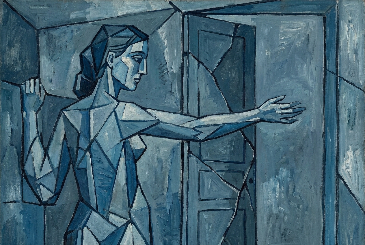 Cubist illustration in Picasso Blue Period style of a woman at a doorway, fragmented into geometric planes, reaching toward something unseen in monochromatic blues and greys
