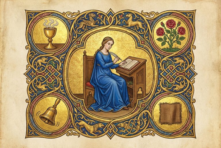Medieval illuminated manuscript illustration of a woman writer surrounded by sensory objects rendered as gilded miniatures within an ornate gold-leaf border