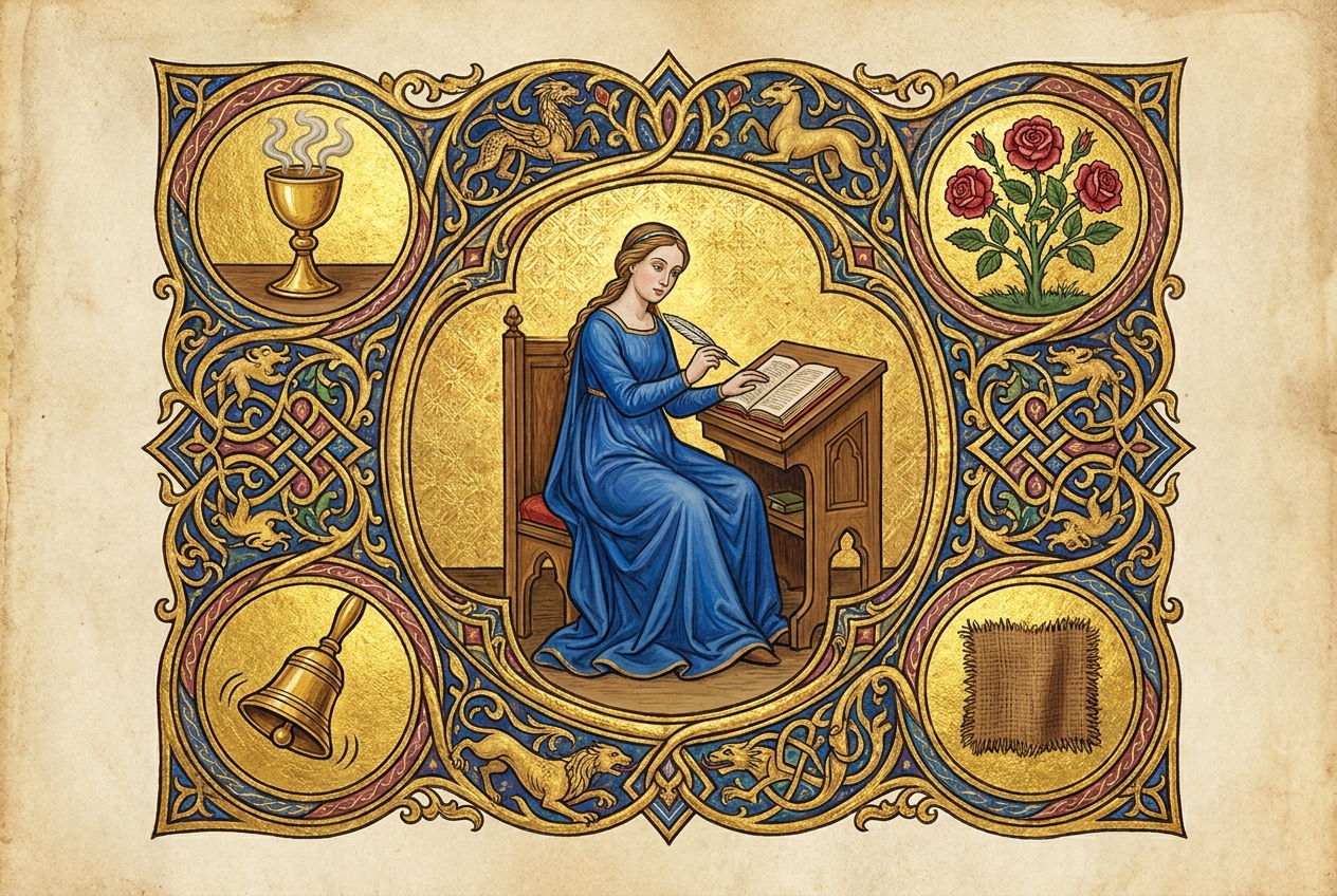 Medieval illuminated manuscript illustration of a woman writer surrounded by sensory objects rendered as gilded miniatures within an ornate gold-leaf border