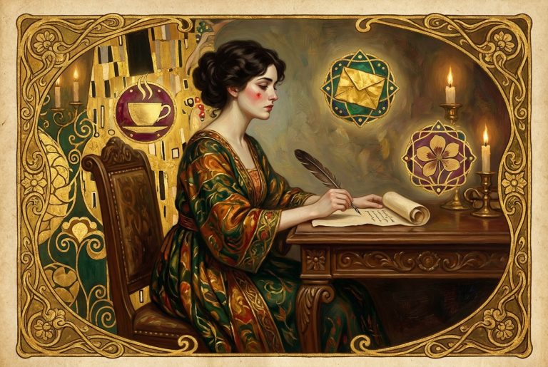 Vienna Secession Klimt-style illustration of a woman writer transforming emotion into detail, gold leaf and ornamental patterns