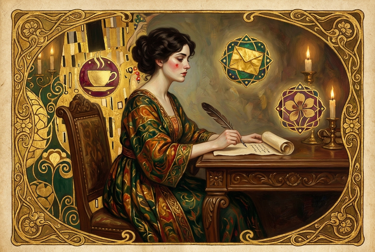 Vienna Secession Klimt-style illustration of a woman writer transforming emotion into detail, gold leaf and ornamental patterns