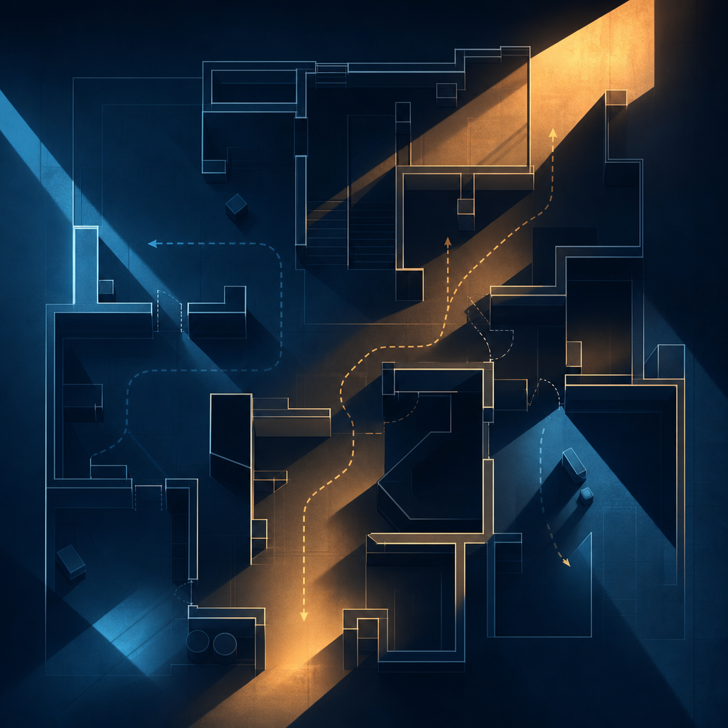 Abstract blueprint-style illustration with geometric floor plan lines and directional light beams representing spatial orientation in action scenes