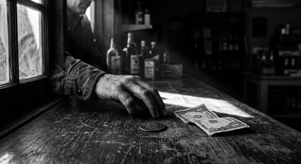 Black-and-white neo-noir still of a weathered gas station counter with a single coin and a folded dollar bill, a man's hand in a dark western shirt reaching toward the coin in hard raking window light.