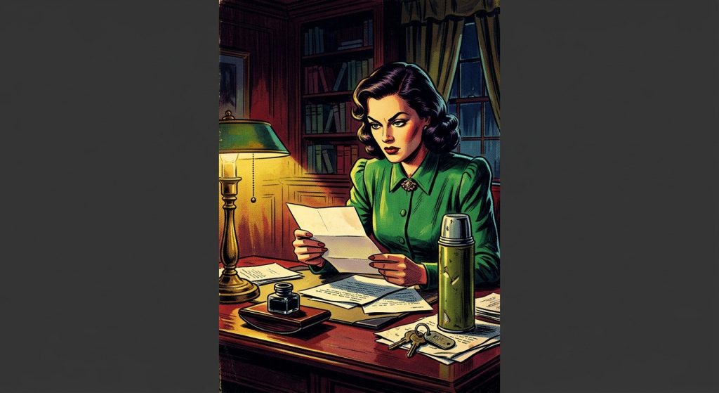 1940s pulp magazine style illustration of a woman reading a letter at a lamplit desk, with a thermos and car keys sitting unnoticed among the papers