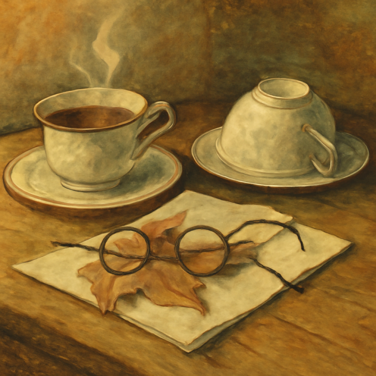 Gouache still life: two teacups on an oak table, one overturned, a note hidden under reading glasses and a pressed autumn leaf — illustrating the subject characters refuse to discuss.