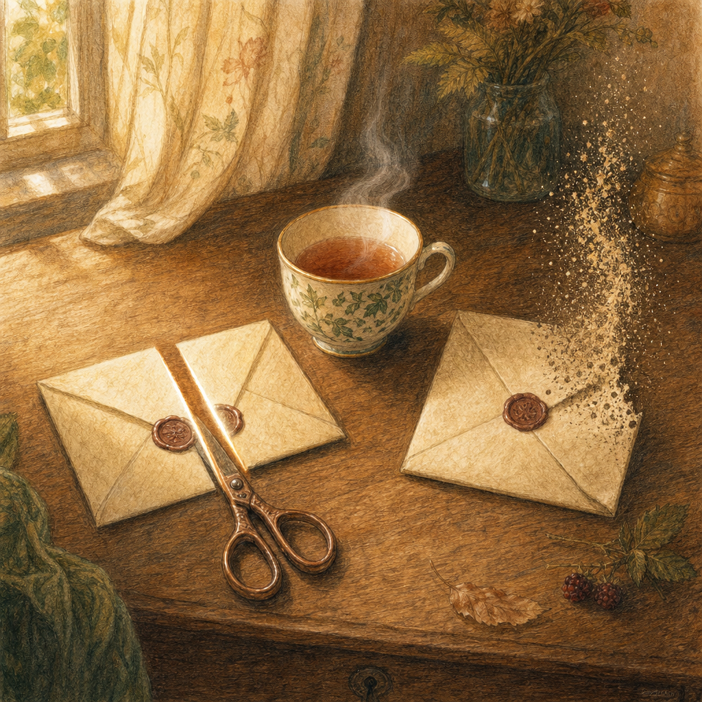 Colored pencil illustration of two letters on a wooden desk: one cut cleanly by copper scissors, the other dissolving into dust particles
