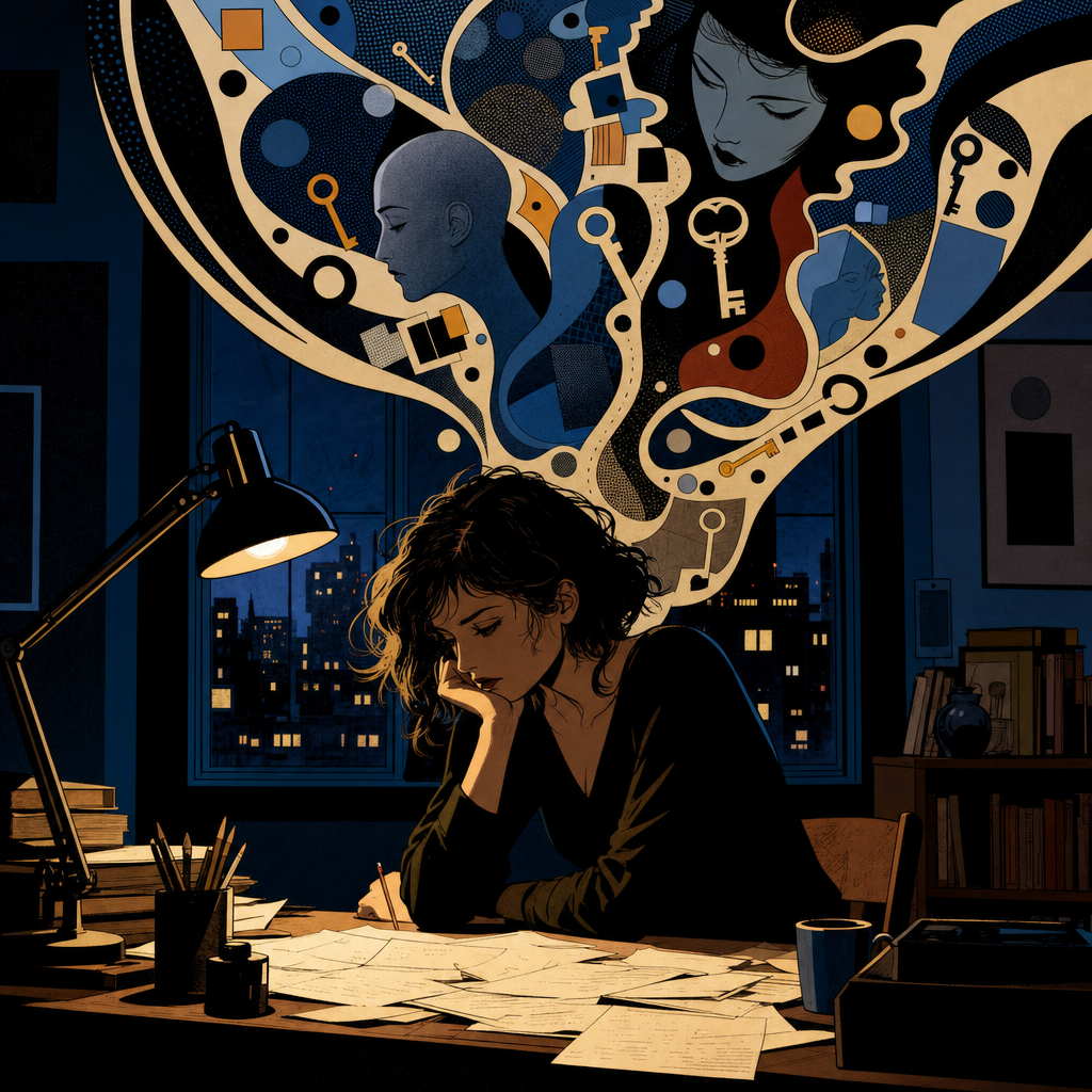 Graphic novel style illustration of a woman writing at a desk late at night with abstract thought shapes floating above her head