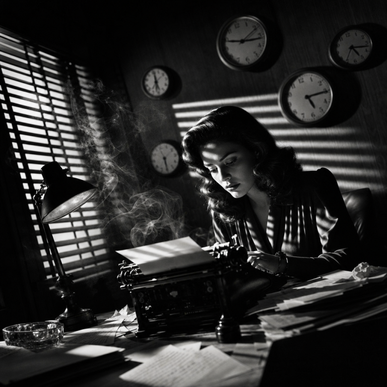 Film noir illustration of a woman writer at a typewriter desk in a shadowy office with multiple clocks showing different times