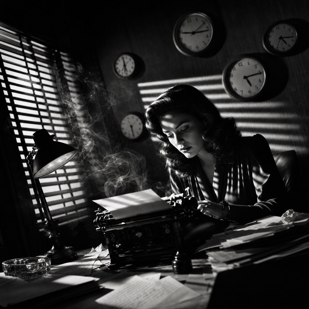 Film noir illustration of a woman writer at a typewriter desk in a shadowy office with multiple clocks showing different times