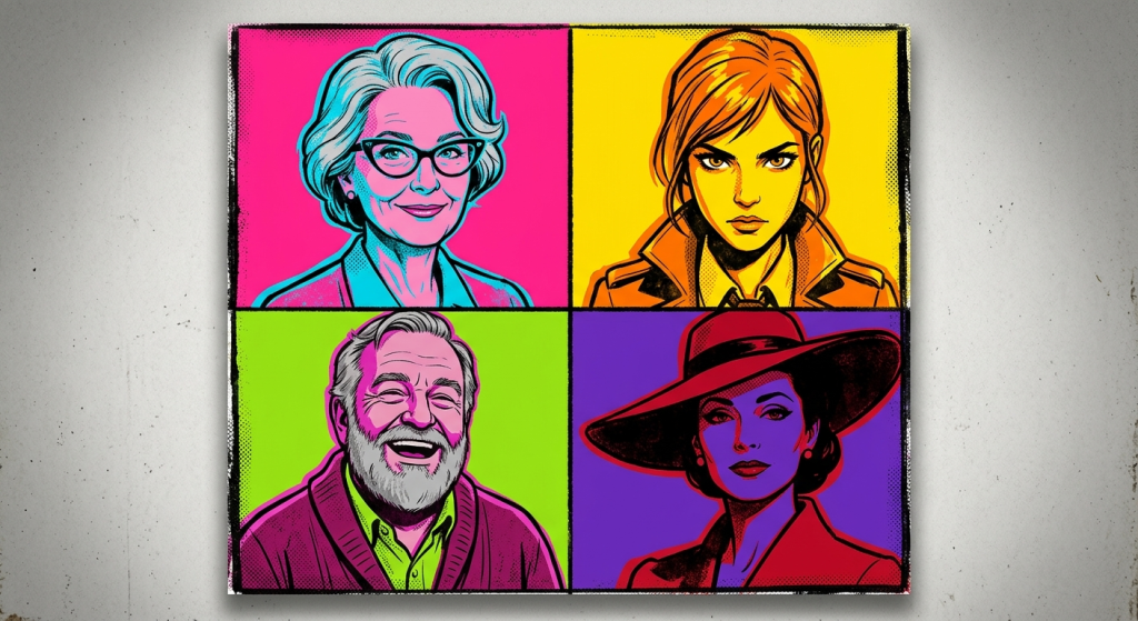 Pop art screen-print illustration of four different character portraits arranged in a grid, each panel in different bold flat colors