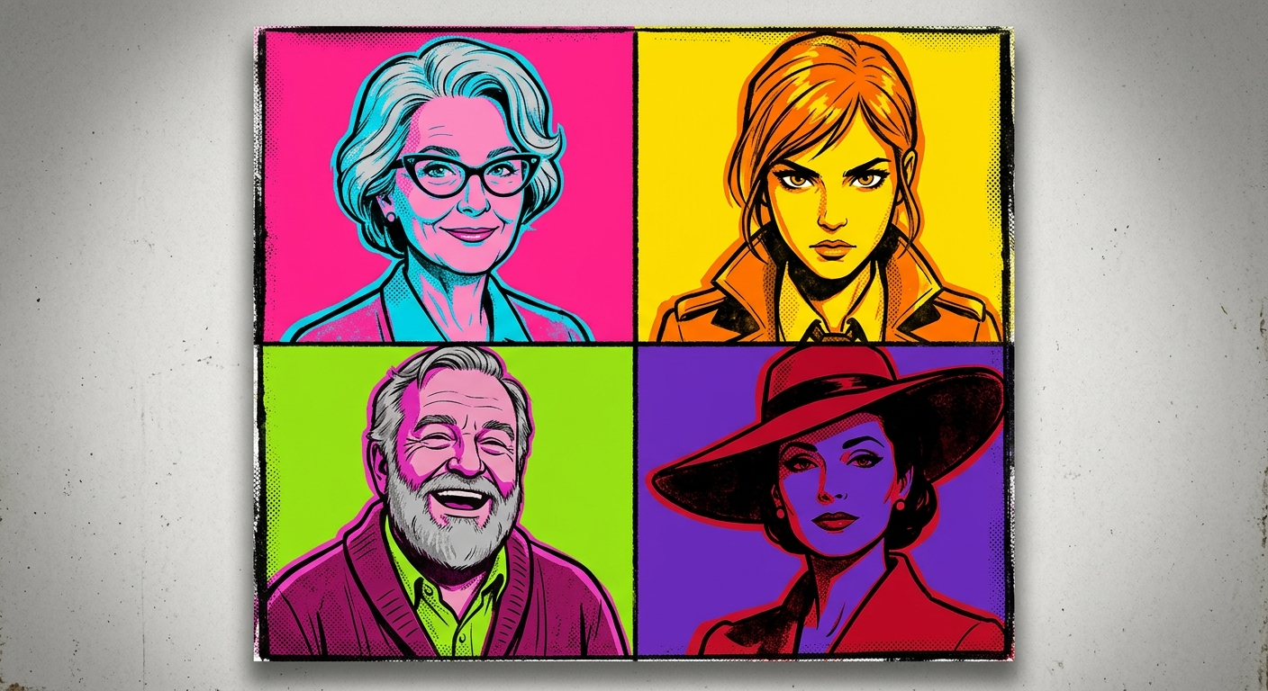 Pop art screen-print illustration of four different character portraits arranged in a grid, each panel in different bold flat colors