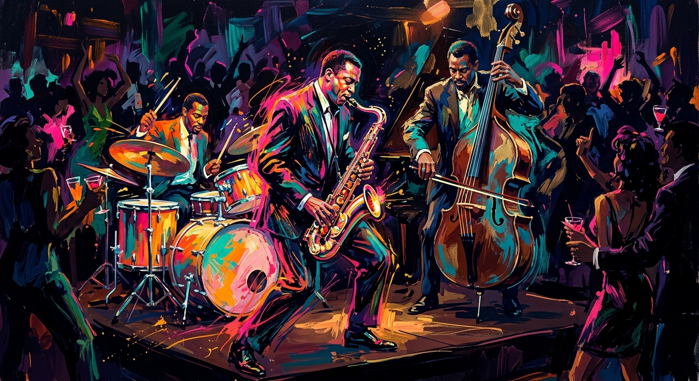 Leroy Neiman style painting of a jazz trio performing in a dim nightclub, loose vivid brushstrokes in pink, teal, and orange capturing the rhythm of live music