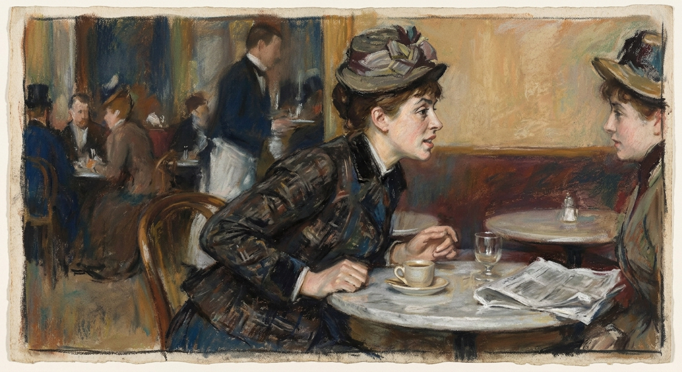 Degas-style pastel of two women in a Parisian cafe, conversation already in progress, figures cropped by the frame as if the scene began without us