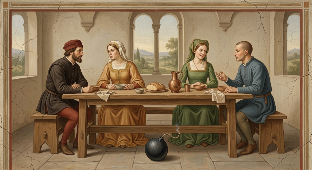 Renaissance fresco of figures at a long wooden table in calm conversation, a small iron bomb resting beneath the table