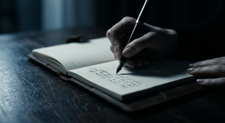 Cinematic close crop of a hand writing in a leather diary by window light at night, moody and understated