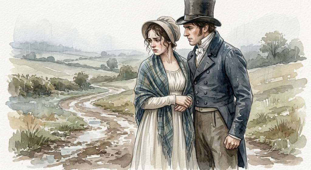 Regency watercolor of a rain-soaked marriage proposal, a woman turning her face away in refusal while the gentleman looks on