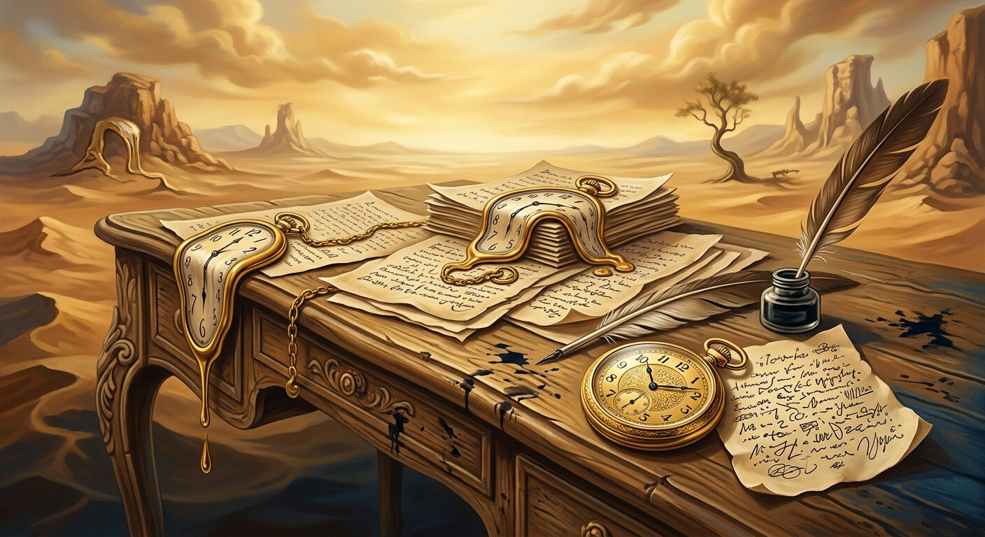 Surrealist illustration of a writing desk in desert light with melting pocket watches draped over manuscript pages, one solid watch in the foreground
