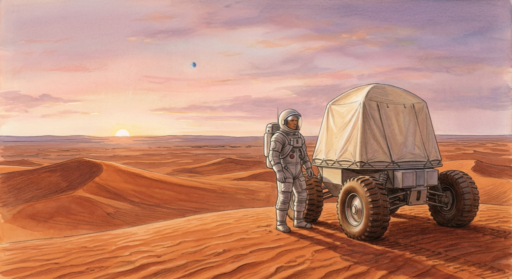 Retro-futurist 1950s-style space illustration of an astronaut standing beside a canvas habitat dome on rust-orange Mars dunes at dawn.