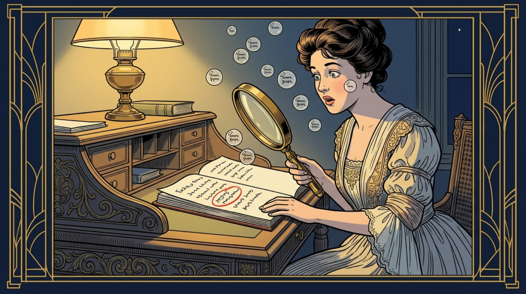 1920s Little Nemo style comic strip illustration: a woman writer holds a magnifying glass over her manuscript at a night desk, identical unreadable word-glyphs floating up from the page, one circled in red