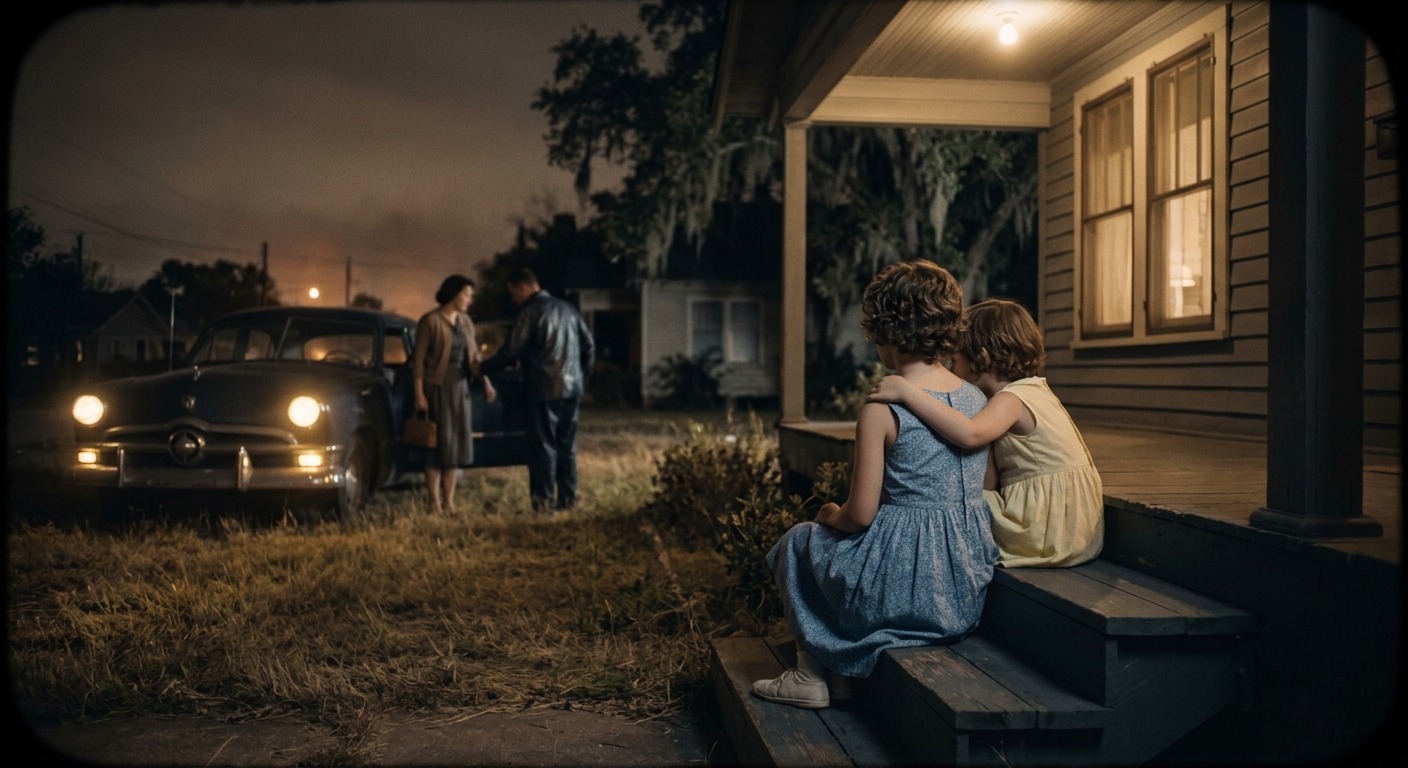 Faded 1960s photograph of two young sisters sitting together on porch steps at night, watching a car idling in the yard beyond
