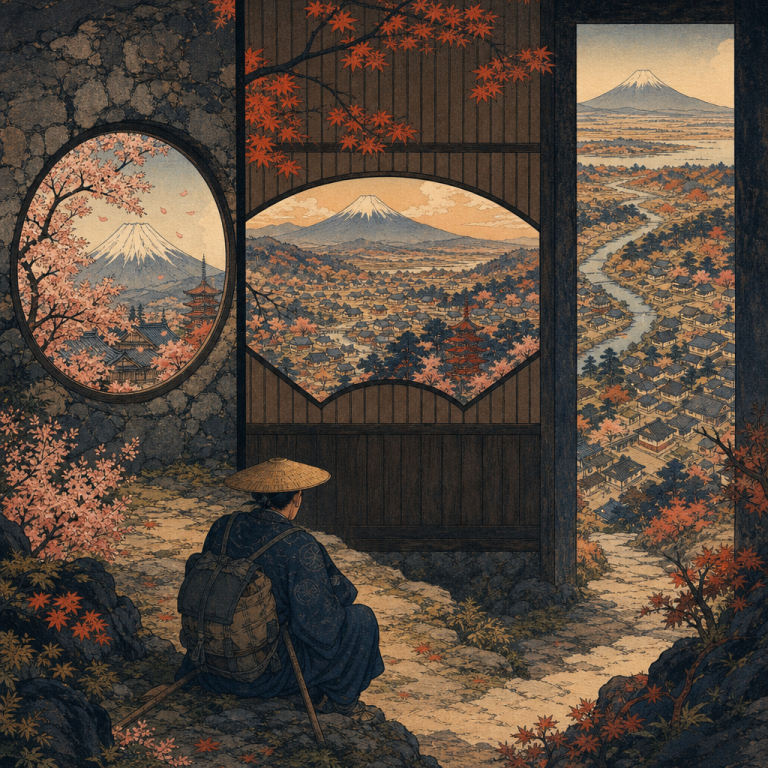 Japanese woodblock print illustration of a traveler at a mountain crossroads looking through three differently shaped frames at the same village, symbolizing how different POVs frame the same story differently