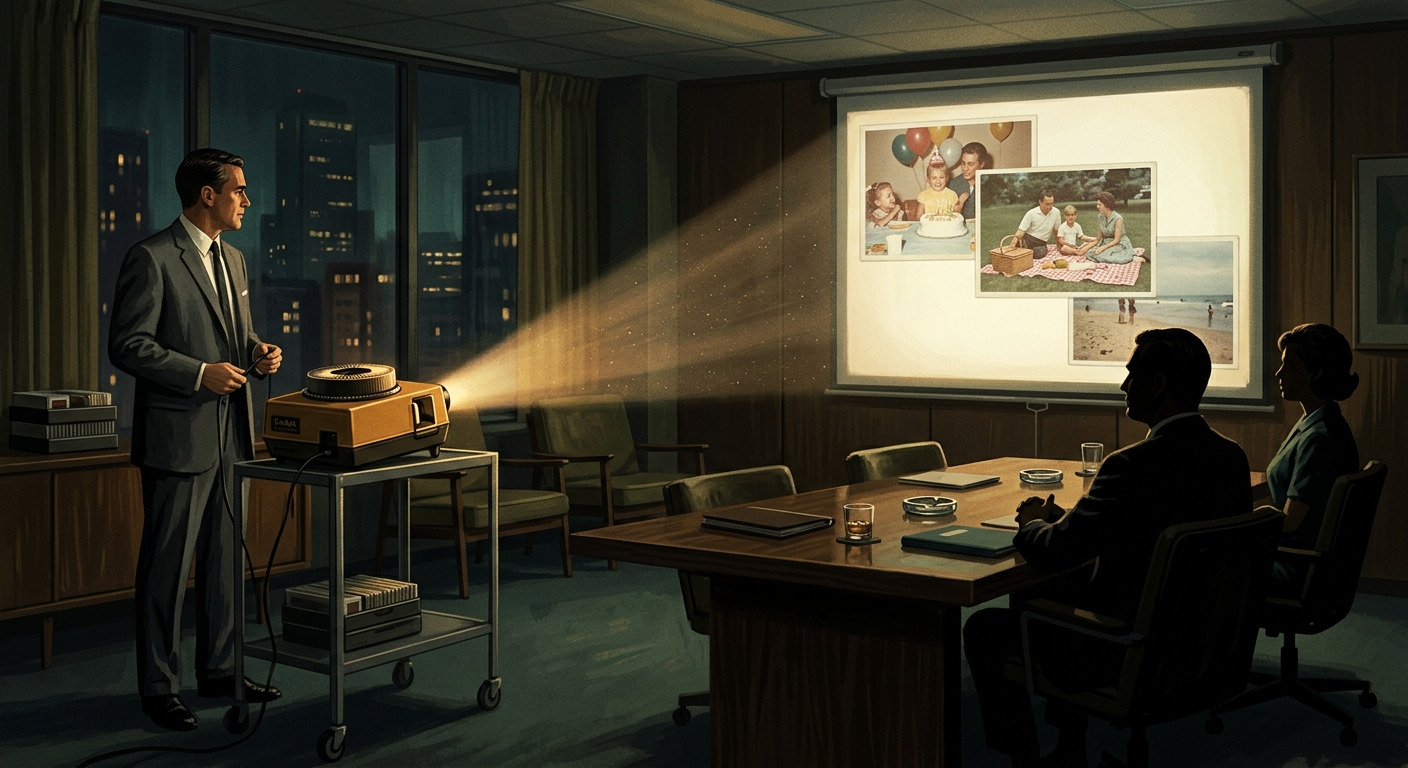 1960s gouache illustration of a darkened ad-agency conference room where a man in a grey suit presents family snapshots on a slide projector to silhouetted colleagues