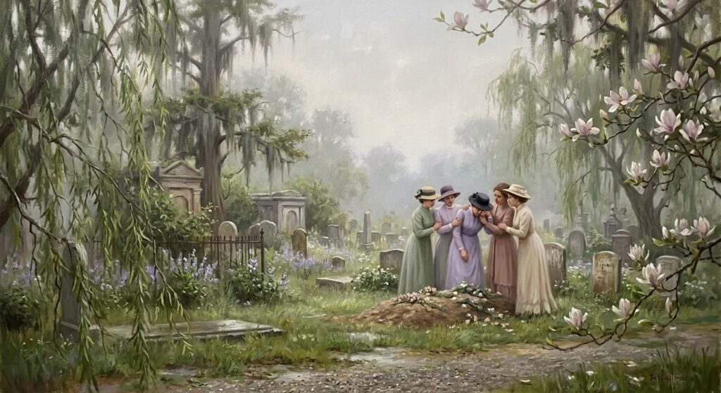 Tonalist oil painting of women in pastel dresses gathered around a grave in a misty Southern cemetery, one leaning on her friends' shoulders.