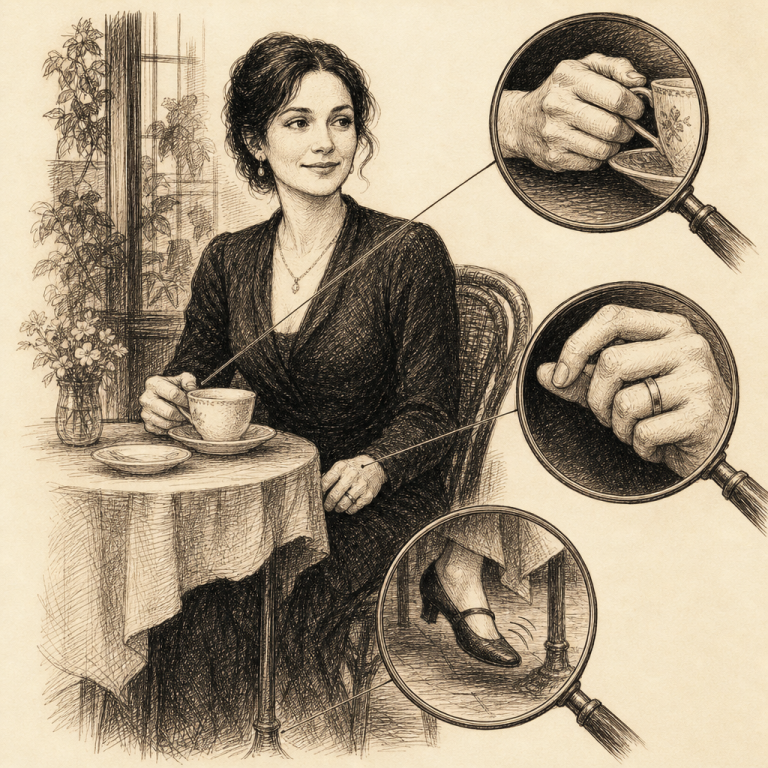 Pen and ink illustration of a woman at a cafe table with a composed smile, with detail circles revealing her white-knuckled grip on a teacup, her tapping foot, and her thumb twisting a silver ring
