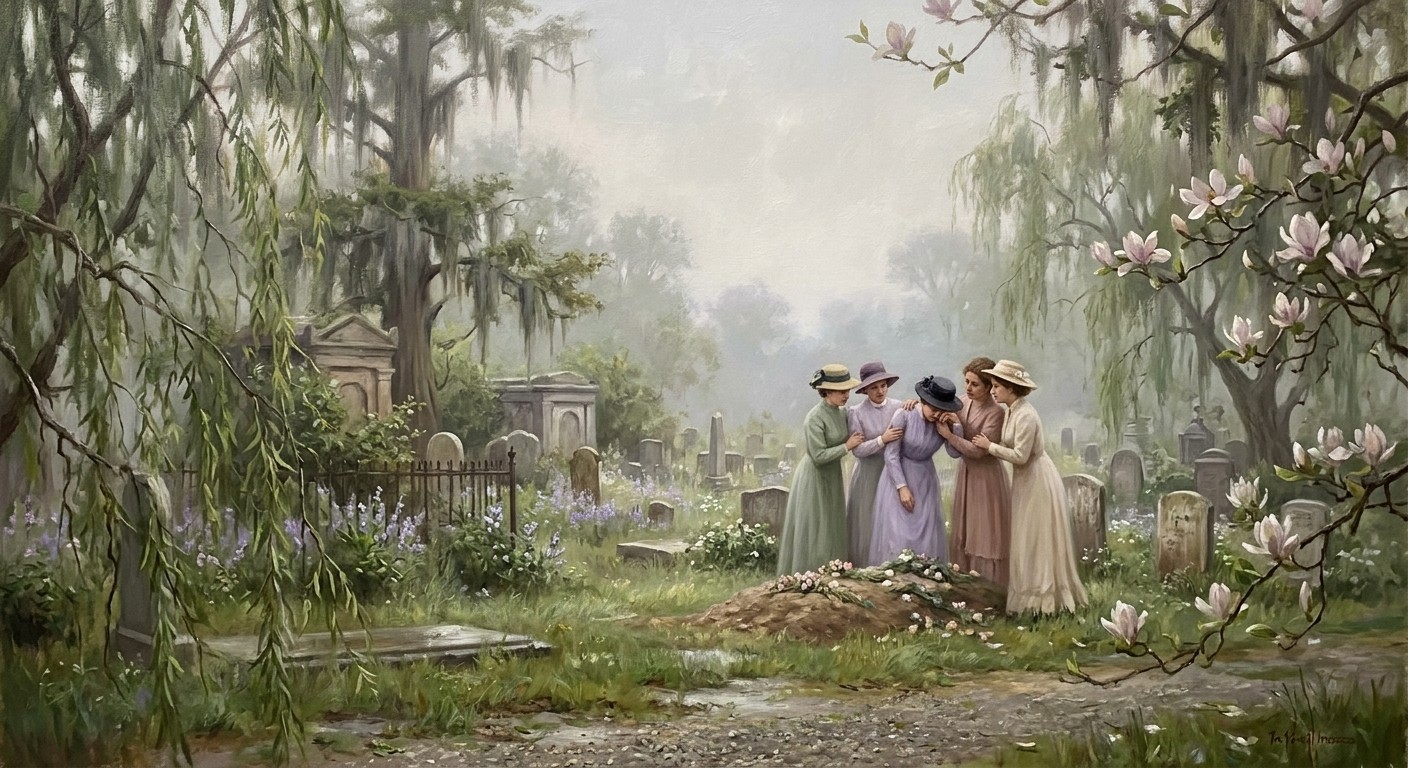 Tonalist oil painting of women in pastel dresses gathered around a grave in a misty Southern cemetery, one leaning on her friends' shoulders.