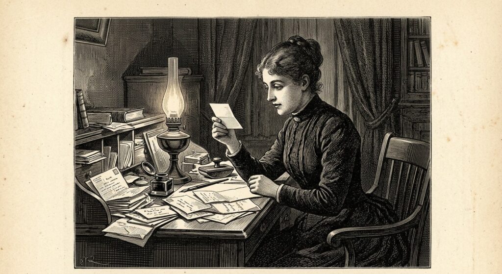 1890s wood engraving style illustration of a woman in period dress reading a telegram by lamplight at a desk piled with letters