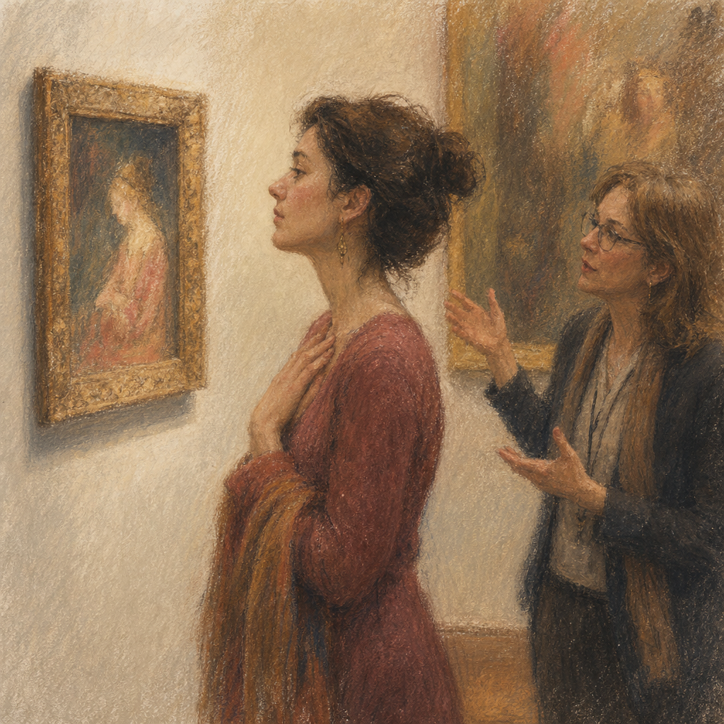 Soft chalk pastel illustration of a woman moved by a painting in a gallery while a docent tries to explain it behind her
