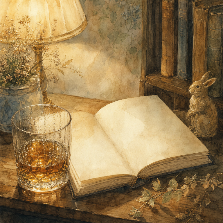 Watercolor sketch still life: a glass of amber whiskey beside an open book on a wooden desk, symbolizing a chapter ending on a lingering visual detail.
