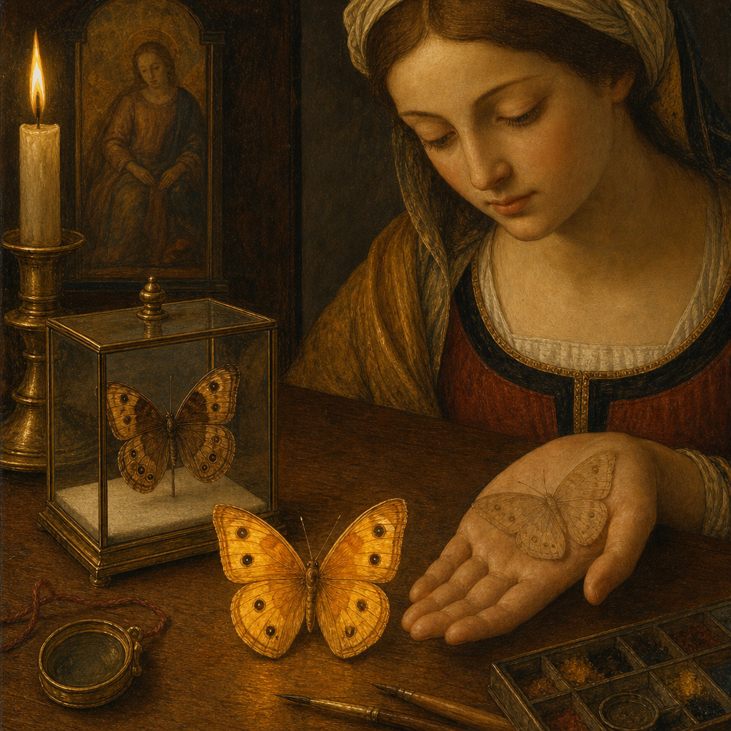 Tempera painting of three butterflies on a wooden desk: one pinned under glass, one vividly colored, one camouflaged on an open hand