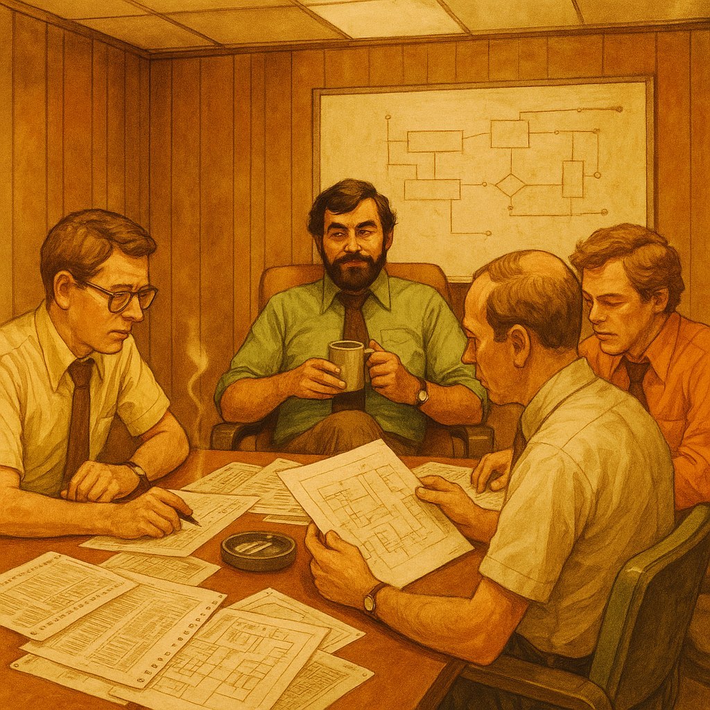 1970s painterly illustration of engineers in a wood-paneled conference room with papers, coffee, and a whiteboard — depicting a scene from The Soul of a New Machine