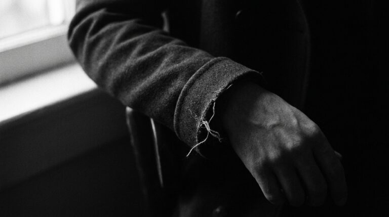 Black and white film noir close-up of a tailored coat cuff, subtly frayed, a few loose threads catching the light