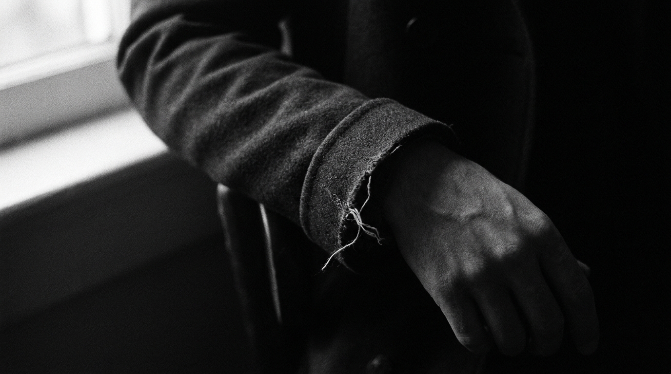Black and white film noir close-up of a tailored coat cuff, subtly frayed, a few loose threads catching the light