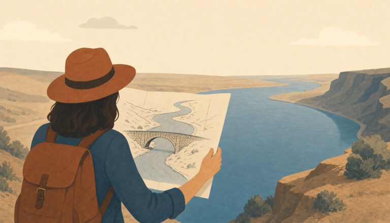 A traveler holds a map showing a stone bridge over a river gorge; the real river below has no bridge. Flat vintage-style illustration.