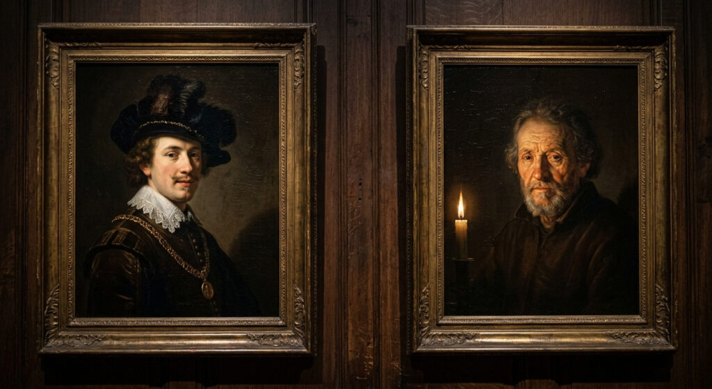 Dutch Golden Age oil painting diptych: a young self-portrait in a plumed hat and gold chain beside a later self-portrait of the same aged face lit by a single warm candlelight.