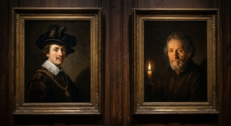 Dutch Golden Age oil painting diptych: a young self-portrait in a plumed hat and gold chain beside a later self-portrait of the same aged face lit by a single warm candlelight.