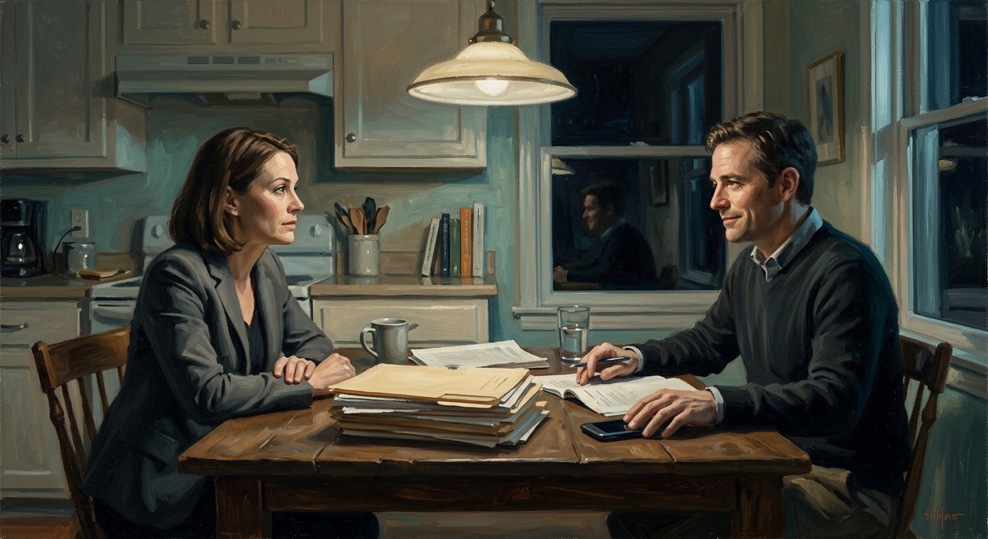 Quiet realist oil painting of two lawyer partners at a kitchen table at night, legal files and a face-down phone between them, each quietly holding something back.