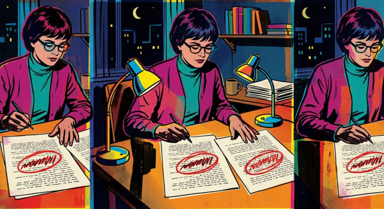 Pop art silkscreen illustration of a woman writer at a desk comparing three manuscript pages, each marked with the same red circled flaw, in bold flat Warhol-style colors