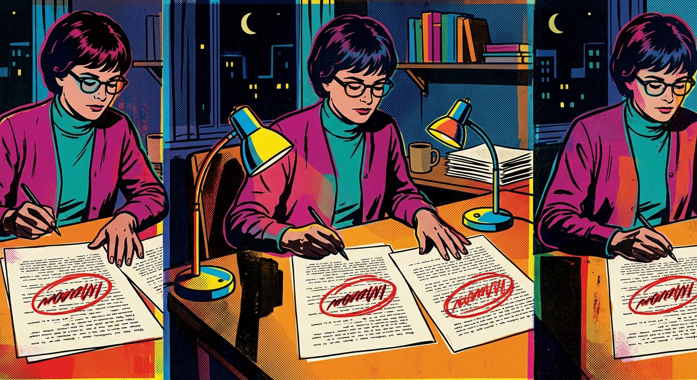 Pop art silkscreen illustration of a woman writer at a desk comparing three manuscript pages, each marked with the same red circled flaw, in bold flat Warhol-style colors