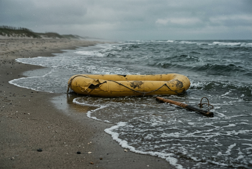 1970s Technicolor film still of an empty beach at dawn, a torn yellow raft and a floating wooden stick drifting at the waterline