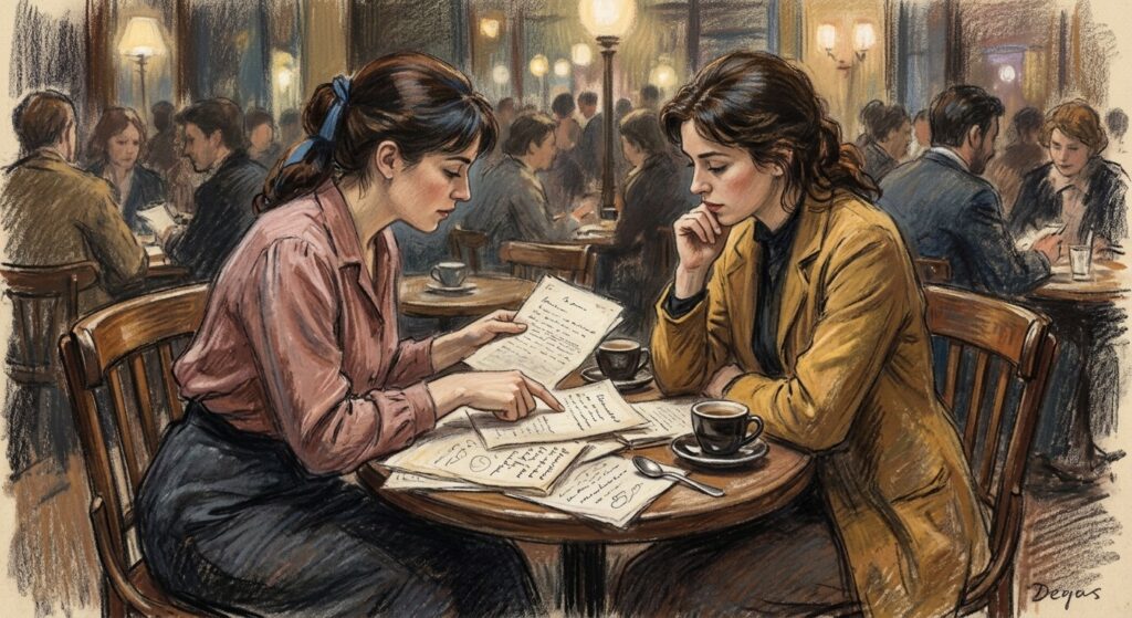 Degas-style pastel of two women at a cafe table reviewing a manuscript, one pointing at a page between coffee cups