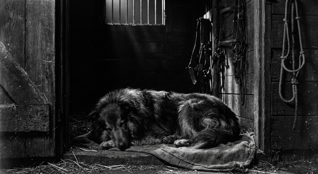 Black and white film noir style photograph of a sheepdog asleep in a moonlit stable doorway, thin bars of moonlight across its flank, leather tack hanging on the wall behind.
