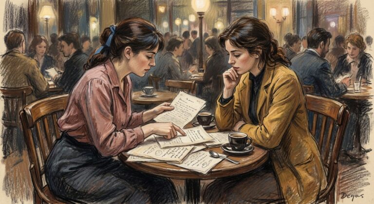 Degas-style pastel of two women at a cafe table reviewing a manuscript, one pointing at a page between coffee cups