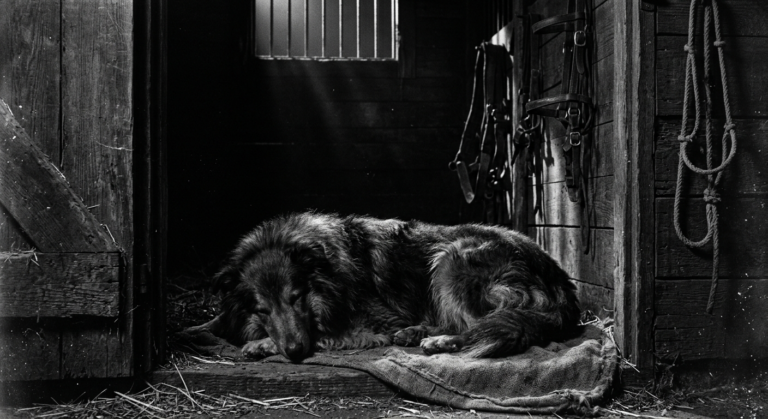 Black and white film noir style photograph of a sheepdog asleep in a moonlit stable doorway, thin bars of moonlight across its flank, leather tack hanging on the wall behind.