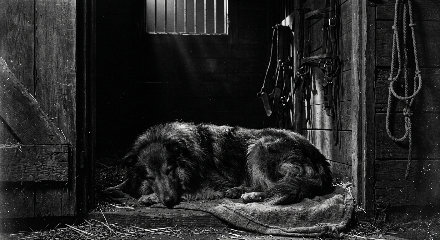Black and white film noir style photograph of a sheepdog asleep in a moonlit stable doorway, thin bars of moonlight across its flank, leather tack hanging on the wall behind.