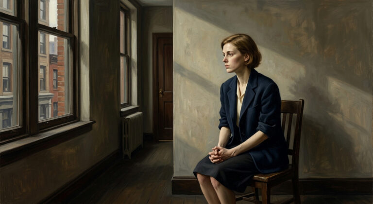 Edward Hopper-style oil painting of a young woman at a job interview in a borrowed blazer with sleeves too short, waiting in quiet window light